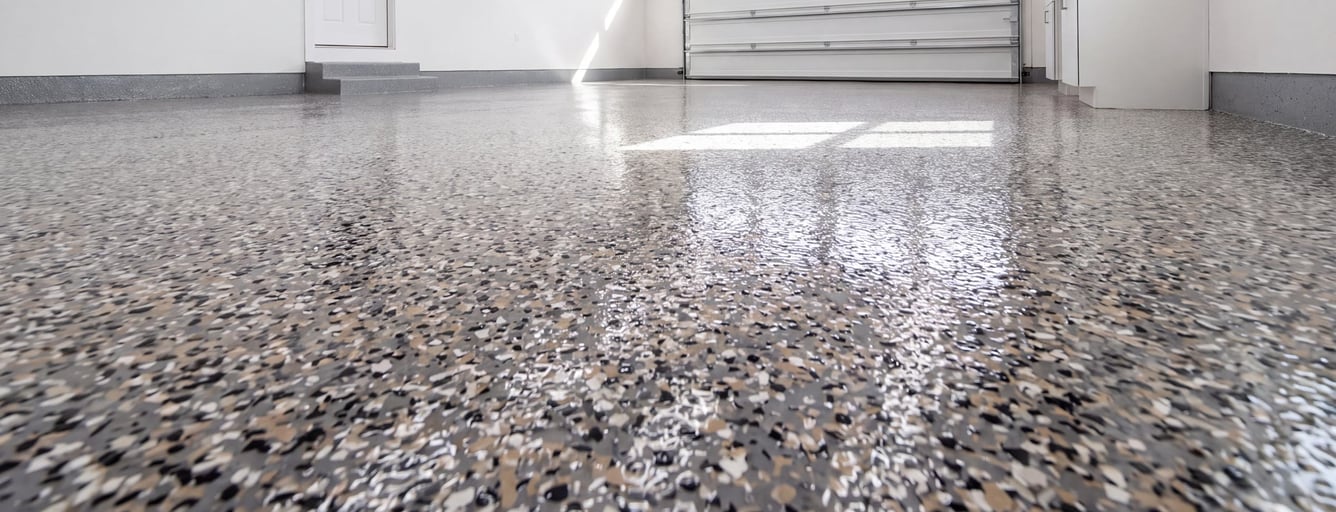 Two-car garage with a glossy gray flake epoxy floor