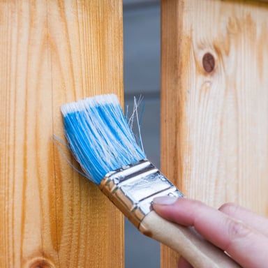 Brush applying stain to a fence board