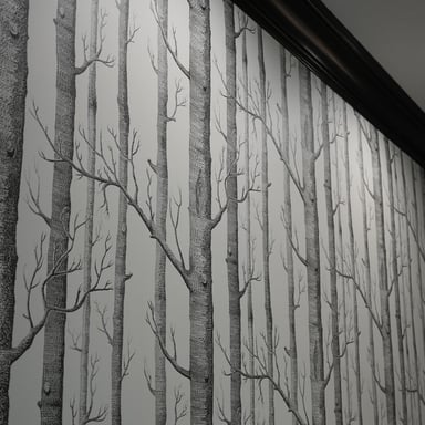 Birch tree wallpaper installed on a tall wall