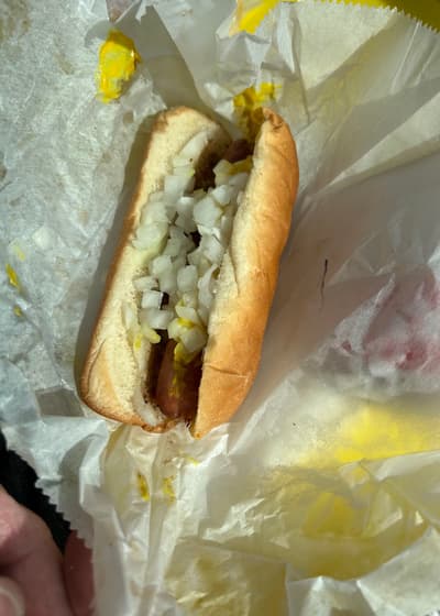 A hot dog with chili, mustard and diced onions