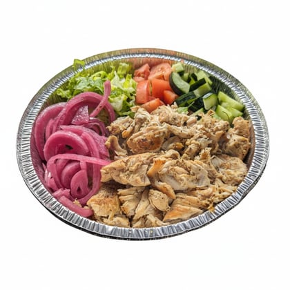 A bowl of grilled chicken over salad with pickled onions and cucumbers